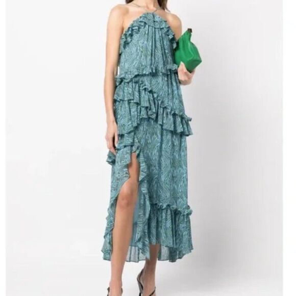 Cinq à Sept Rayner Dress Ruffle Blue Printed Halter Midi Cocktail Party Size 8 - Picture 1 of 10